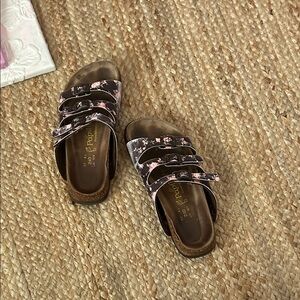 Floral Triple-Strap Sandals - Black with Pink Accents